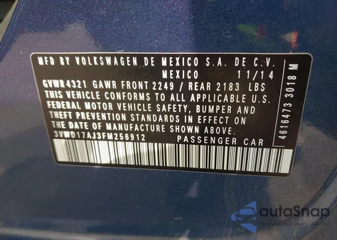 2015 Volkswagen Jetta 1.8T Se z USA, uszkodzony, nr VIN 3VWD17AJ3FM256912